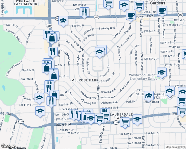 map of restaurants, bars, coffee shops, grocery stores, and more near 664 West Melrose Circle in Fort Lauderdale