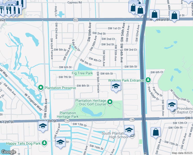 map of restaurants, bars, coffee shops, grocery stores, and more near 5661 Southwest 7th Street in Plantation