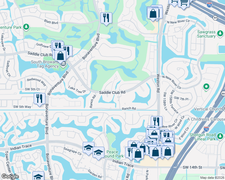 map of restaurants, bars, coffee shops, grocery stores, and more near 16299 Laurel Drive in Weston