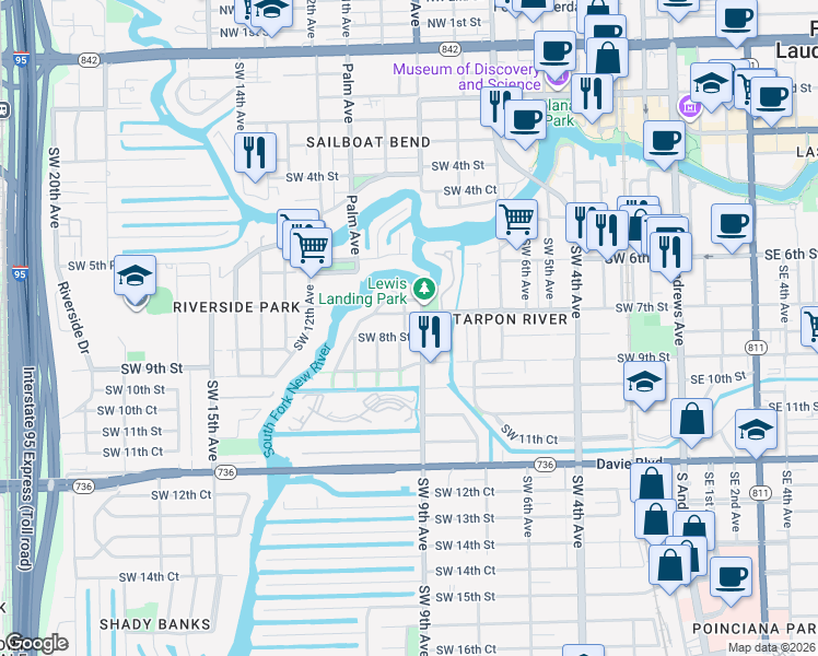 map of restaurants, bars, coffee shops, grocery stores, and more near 721 Southwest 9th Terrace in Fort Lauderdale