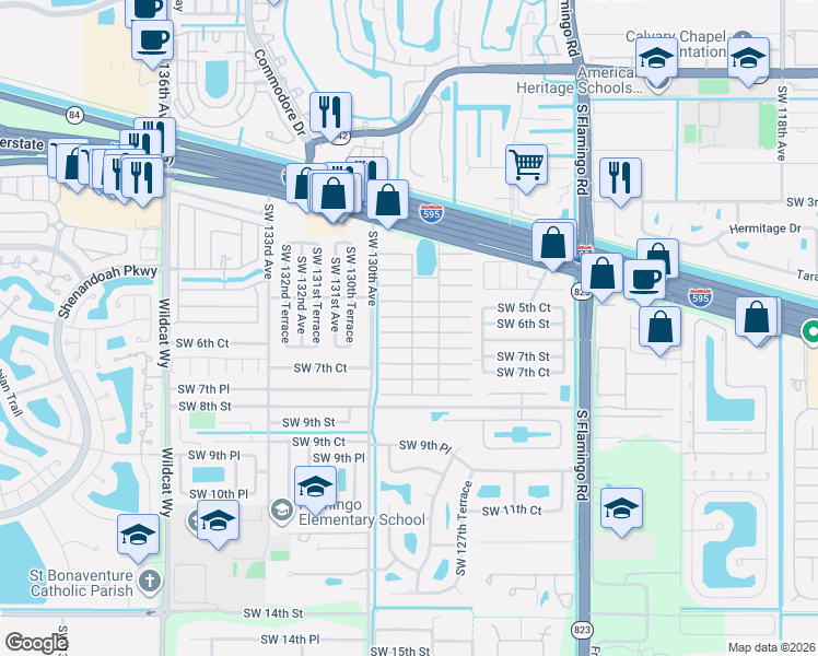 map of restaurants, bars, coffee shops, grocery stores, and more near 35 Forest Lane in Davie