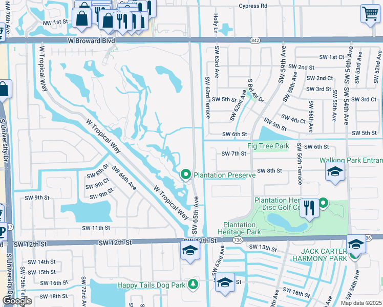 map of restaurants, bars, coffee shops, grocery stores, and more near 641 East Tropical Way in Plantation