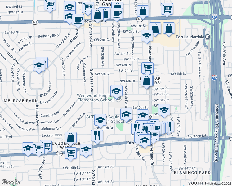 map of restaurants, bars, coffee shops, grocery stores, and more near 670 Southwest 29th Avenue in Fort Lauderdale