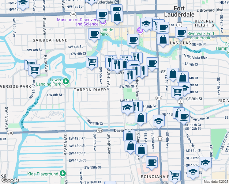 map of restaurants, bars, coffee shops, grocery stores, and more near 304 Southwest 8th Street in Fort Lauderdale