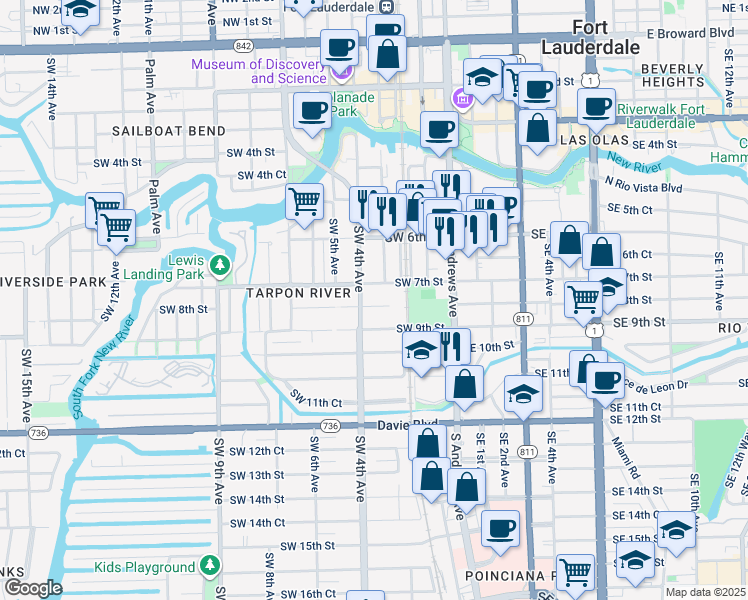 map of restaurants, bars, coffee shops, grocery stores, and more near 304 Southwest 8th Street in Fort Lauderdale