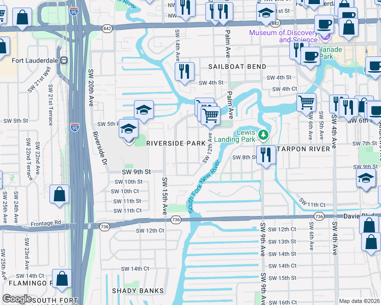 map of restaurants, bars, coffee shops, grocery stores, and more near 728 Southwest 14th Terrace in Fort Lauderdale