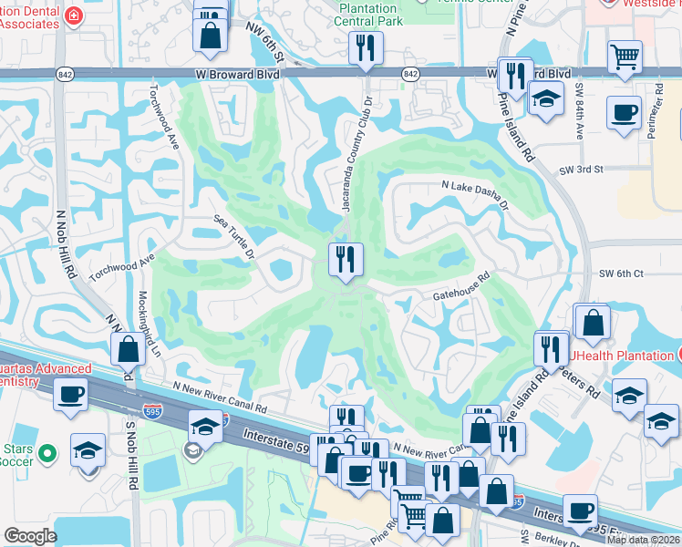 map of restaurants, bars, coffee shops, grocery stores, and more near Club House Circle in Plantation