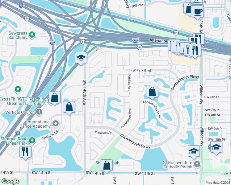 map of restaurants, bars, coffee shops, grocery stores, and more near 14451 Fairfax Place in Davie