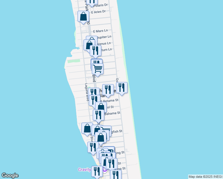 map of restaurants, bars, coffee shops, grocery stores, and more near 120 East Mesquite Street in South Padre Island