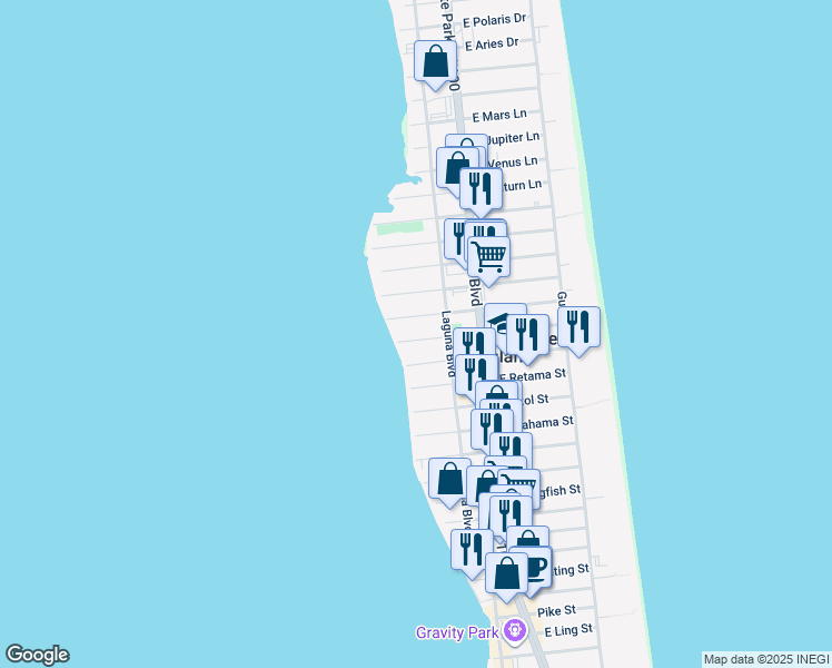 map of restaurants, bars, coffee shops, grocery stores, and more near 213 West Huisache Street in South Padre Island