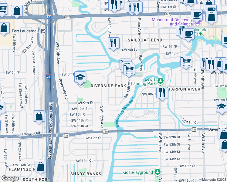 map of restaurants, bars, coffee shops, grocery stores, and more near 715 Southwest 14th Avenue in Fort Lauderdale
