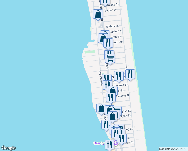 map of restaurants, bars, coffee shops, grocery stores, and more near 213 West Huisache Street in South Padre Island