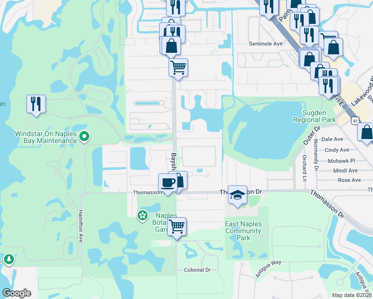 map of restaurants, bars, coffee shops, grocery stores, and more near 4420 Botanical Place Circle in Naples