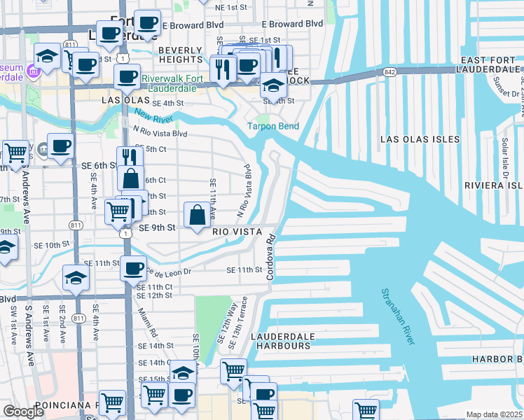 map of restaurants, bars, coffee shops, grocery stores, and more near 1412 Ponce De Leon Drive in Fort Lauderdale