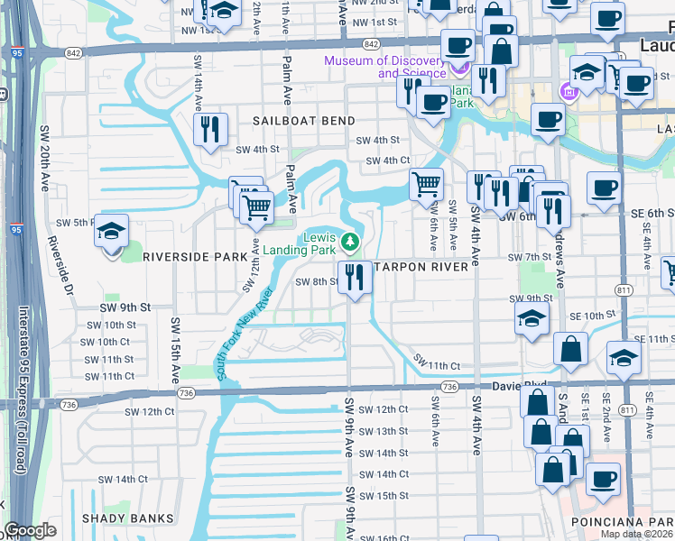 map of restaurants, bars, coffee shops, grocery stores, and more near 721 Southwest 9th Terrace in Fort Lauderdale