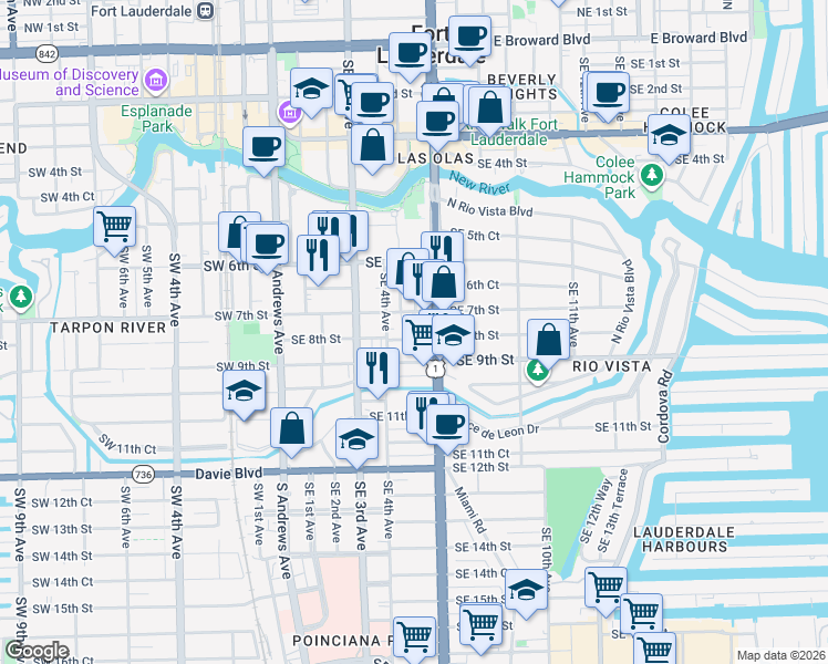 map of restaurants, bars, coffee shops, grocery stores, and more near 520 Southeast 8th Street in Fort Lauderdale