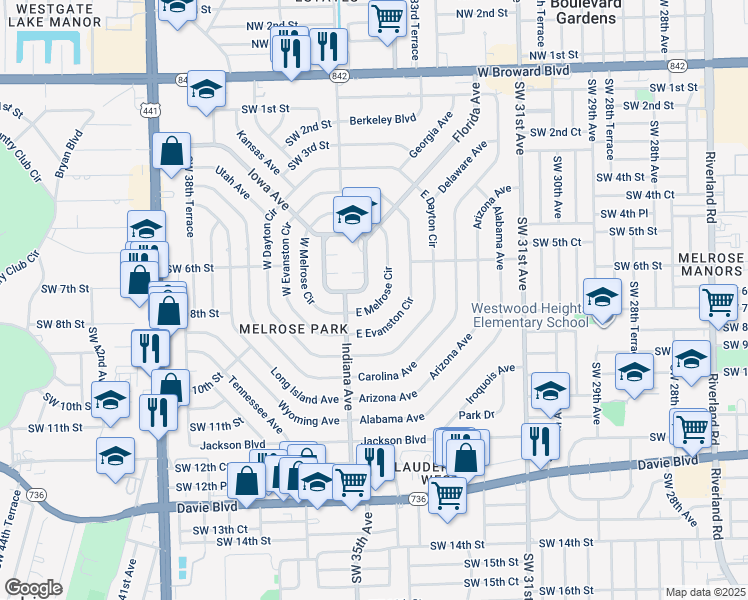 map of restaurants, bars, coffee shops, grocery stores, and more near 711 East Melrose Circle in Fort Lauderdale