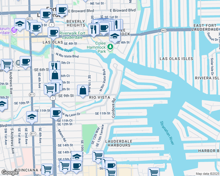 map of restaurants, bars, coffee shops, grocery stores, and more near 1412 Ponce De Leon Drive in Fort Lauderdale