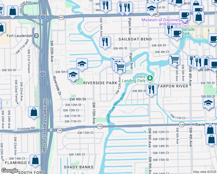 map of restaurants, bars, coffee shops, grocery stores, and more near 728 Southwest 14th Terrace in Fort Lauderdale