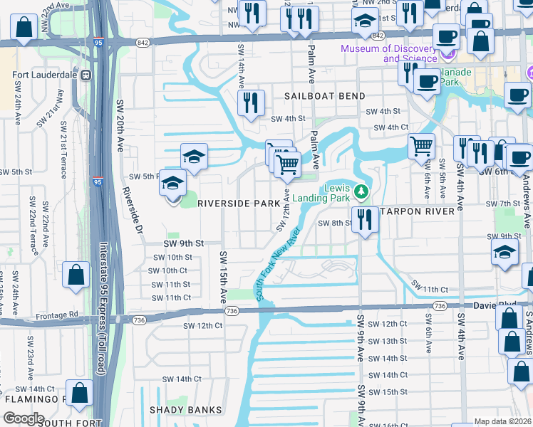 map of restaurants, bars, coffee shops, grocery stores, and more near 713 Southwest 13th Avenue in Fort Lauderdale
