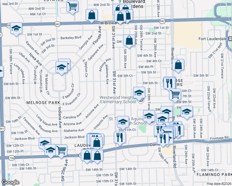 map of restaurants, bars, coffee shops, grocery stores, and more near 3040 Southwest 7th Street in Fort Lauderdale