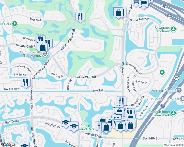 map of restaurants, bars, coffee shops, grocery stores, and more near 16299 Laurel Drive in Weston