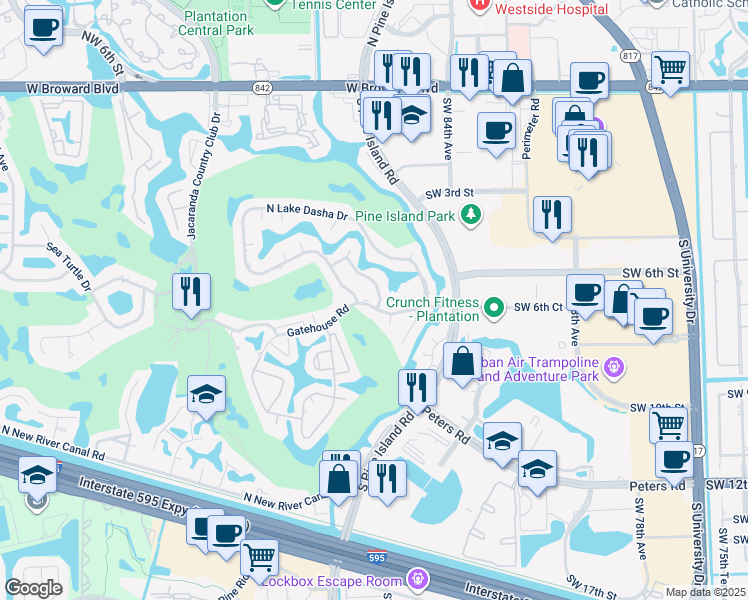 map of restaurants, bars, coffee shops, grocery stores, and more near 8651 Gatehouse Road in Plantation