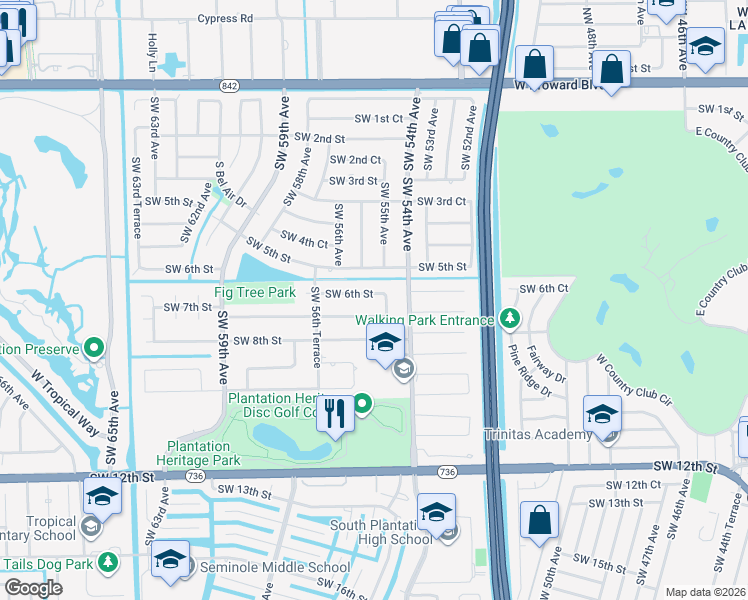 map of restaurants, bars, coffee shops, grocery stores, and more near 5501 Southwest 7th Street in Plantation