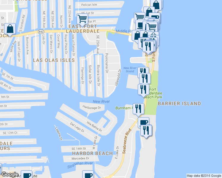 map of restaurants, bars, coffee shops, grocery stores, and more near 809 Idlewyld Drive in Fort Lauderdale