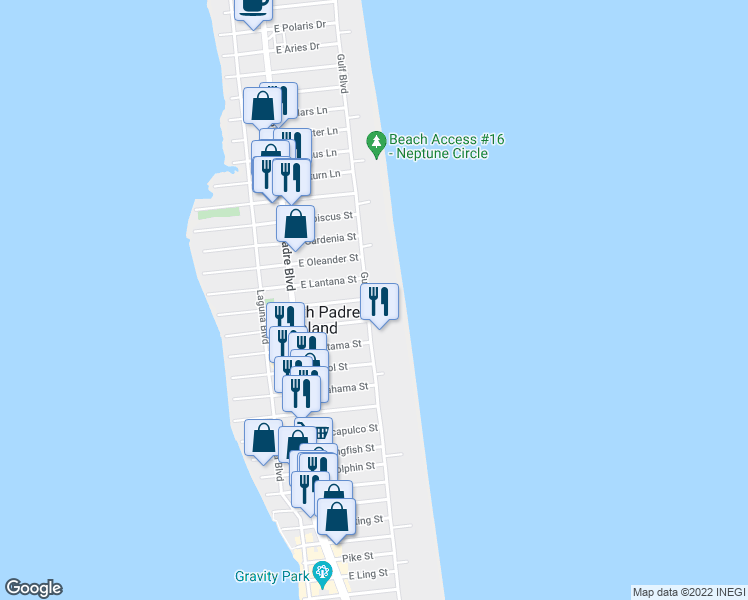 map of restaurants, bars, coffee shops, grocery stores, and more near 3808 Gulf Boulevard in South Padre Island