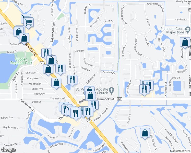 map of restaurants, bars, coffee shops, grocery stores, and more near 4905 Catalina Drive in Naples
