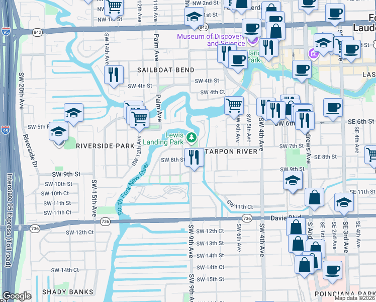 map of restaurants, bars, coffee shops, grocery stores, and more near 721 Southwest 9th Terrace in Fort Lauderdale