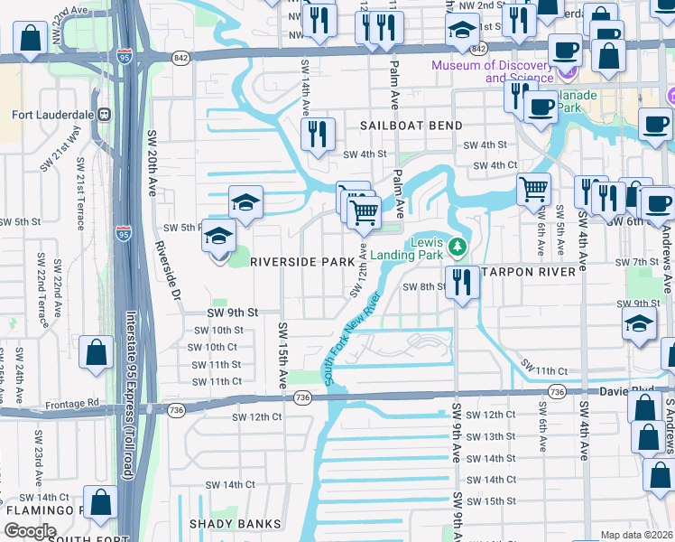 map of restaurants, bars, coffee shops, grocery stores, and more near 726 Southwest 13th Avenue in Fort Lauderdale