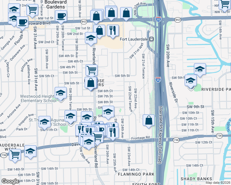 map of restaurants, bars, coffee shops, grocery stores, and more near 2532 Southwest 7th Street in Fort Lauderdale