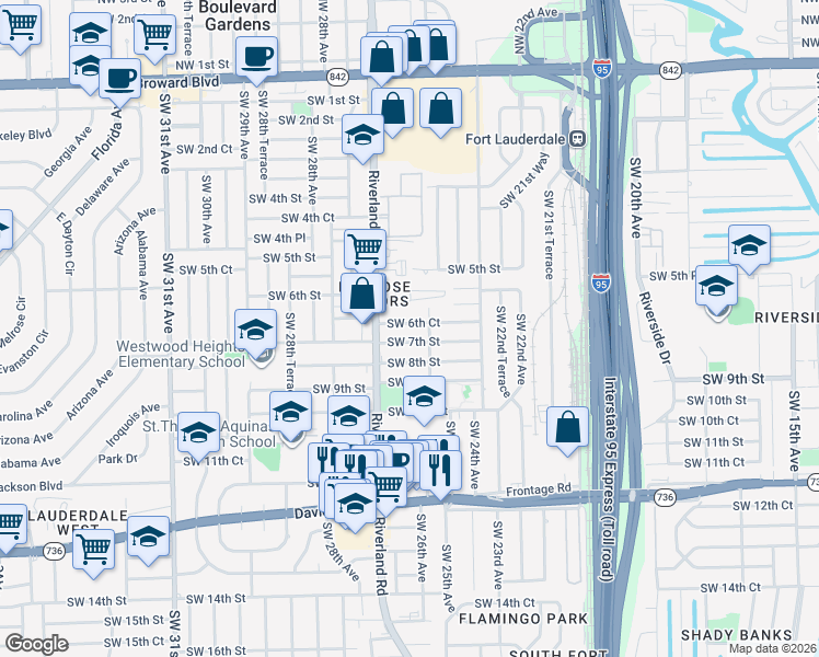 map of restaurants, bars, coffee shops, grocery stores, and more near 2608 Southwest 7th Street in Fort Lauderdale
