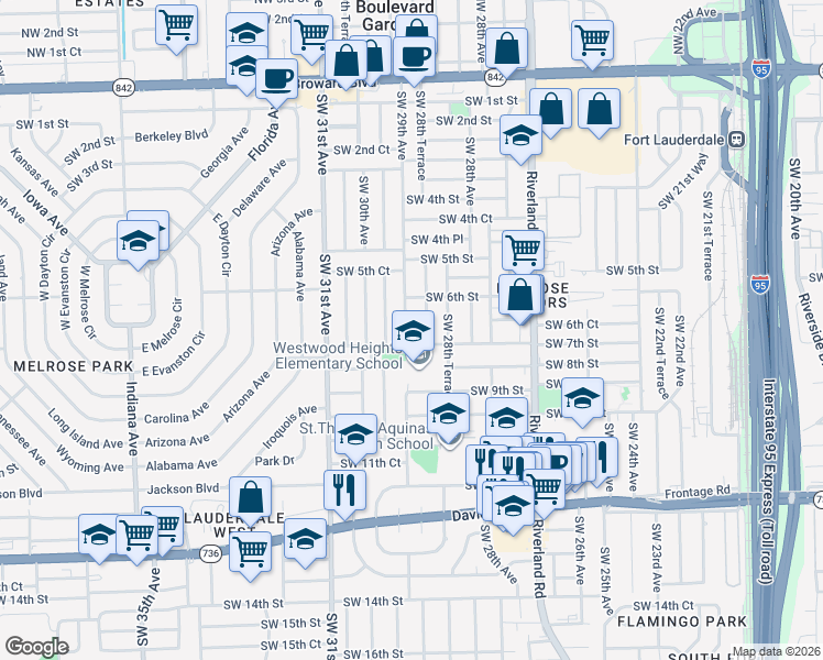 map of restaurants, bars, coffee shops, grocery stores, and more near 670 Southwest 29th Avenue in Fort Lauderdale