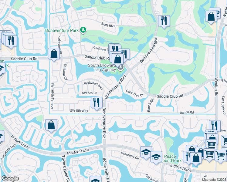 map of restaurants, bars, coffee shops, grocery stores, and more near 520 Bonaventure Boulevard in Weston