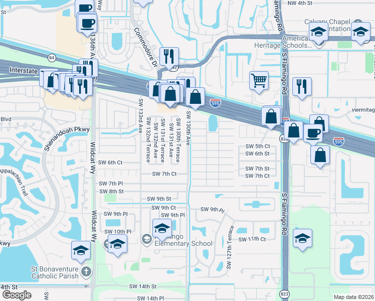 map of restaurants, bars, coffee shops, grocery stores, and more near 625 Southwest 130th Avenue in Davie