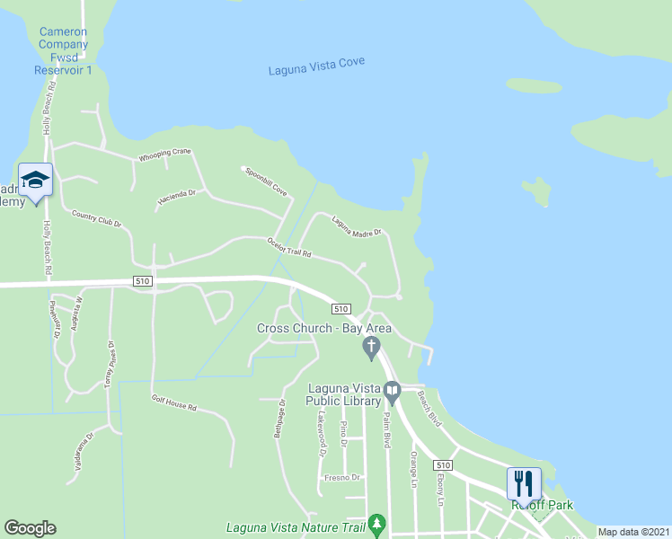 map of restaurants, bars, coffee shops, grocery stores, and more near 42 Ocelot Trail Road in Laguna Vista