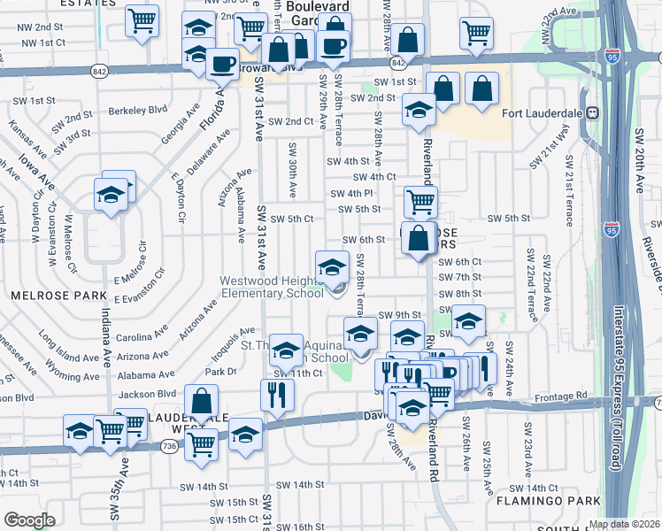 map of restaurants, bars, coffee shops, grocery stores, and more near 670 Southwest 29th Avenue in Fort Lauderdale