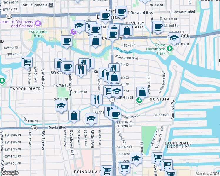 map of restaurants, bars, coffee shops, grocery stores, and more near 520 Southeast 8th Street in Fort Lauderdale