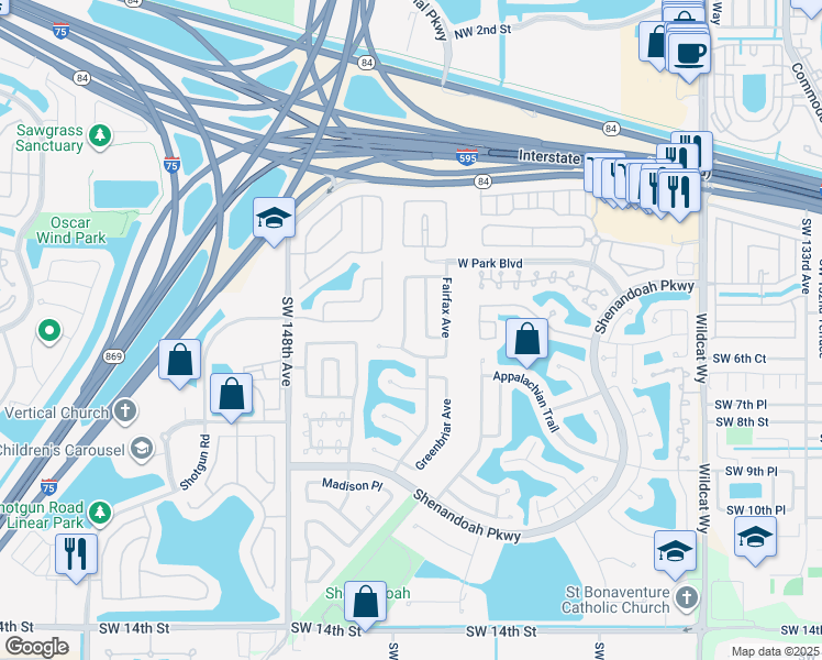 map of restaurants, bars, coffee shops, grocery stores, and more near 14451 Fairfax Place in Davie