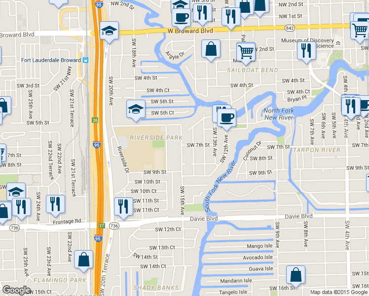 map of restaurants, bars, coffee shops, grocery stores, and more near 720 Southwest 15th Avenue in Fort Lauderdale