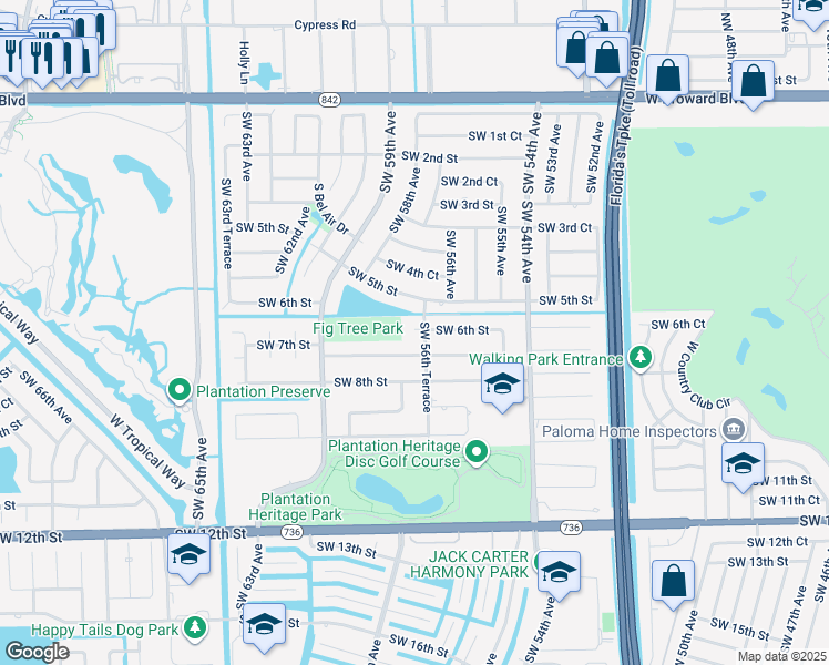 map of restaurants, bars, coffee shops, grocery stores, and more near 5661 Southwest 7th Street in Plantation