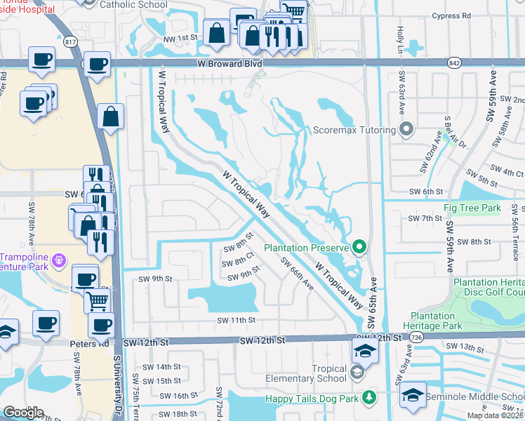 map of restaurants, bars, coffee shops, grocery stores, and more near 721 West Tropical Way in Plantation