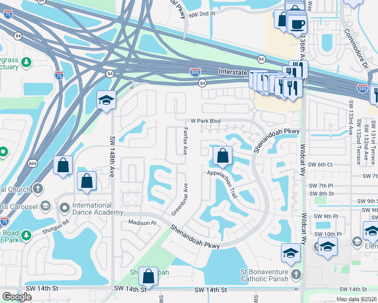 map of restaurants, bars, coffee shops, grocery stores, and more near 630 Fairfax Avenue in Davie