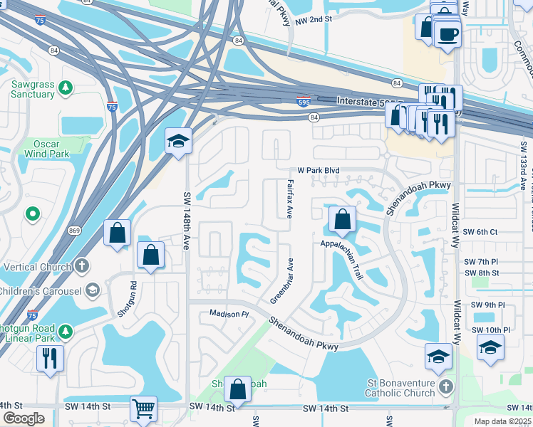 map of restaurants, bars, coffee shops, grocery stores, and more near 14451 Fairfax Place in Davie