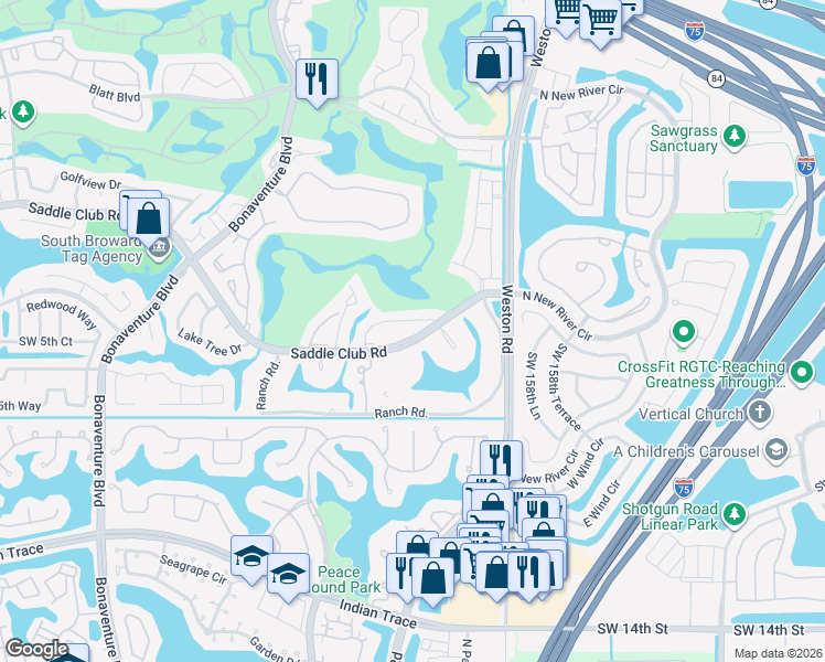 map of restaurants, bars, coffee shops, grocery stores, and more near 16180 Saddle Lane in Weston