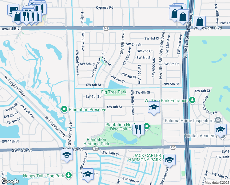 map of restaurants, bars, coffee shops, grocery stores, and more near 620 South Fig Tree Lane in Plantation