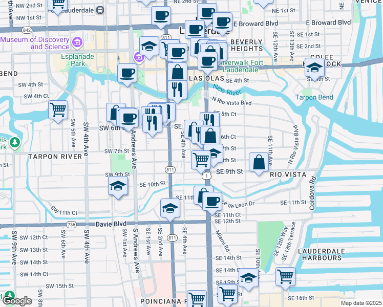 map of restaurants, bars, coffee shops, grocery stores, and more near 644 Southeast 4th Avenue in Fort Lauderdale